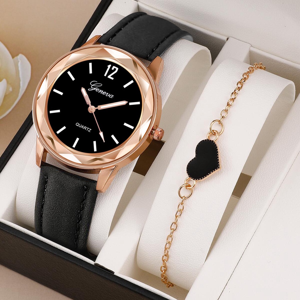 Đồng hồ nữ Analog Đồng hồ đeo tay nữ thường Bộ đồng hồ da nữ (Đồng hồ + Vòng đeo tay)