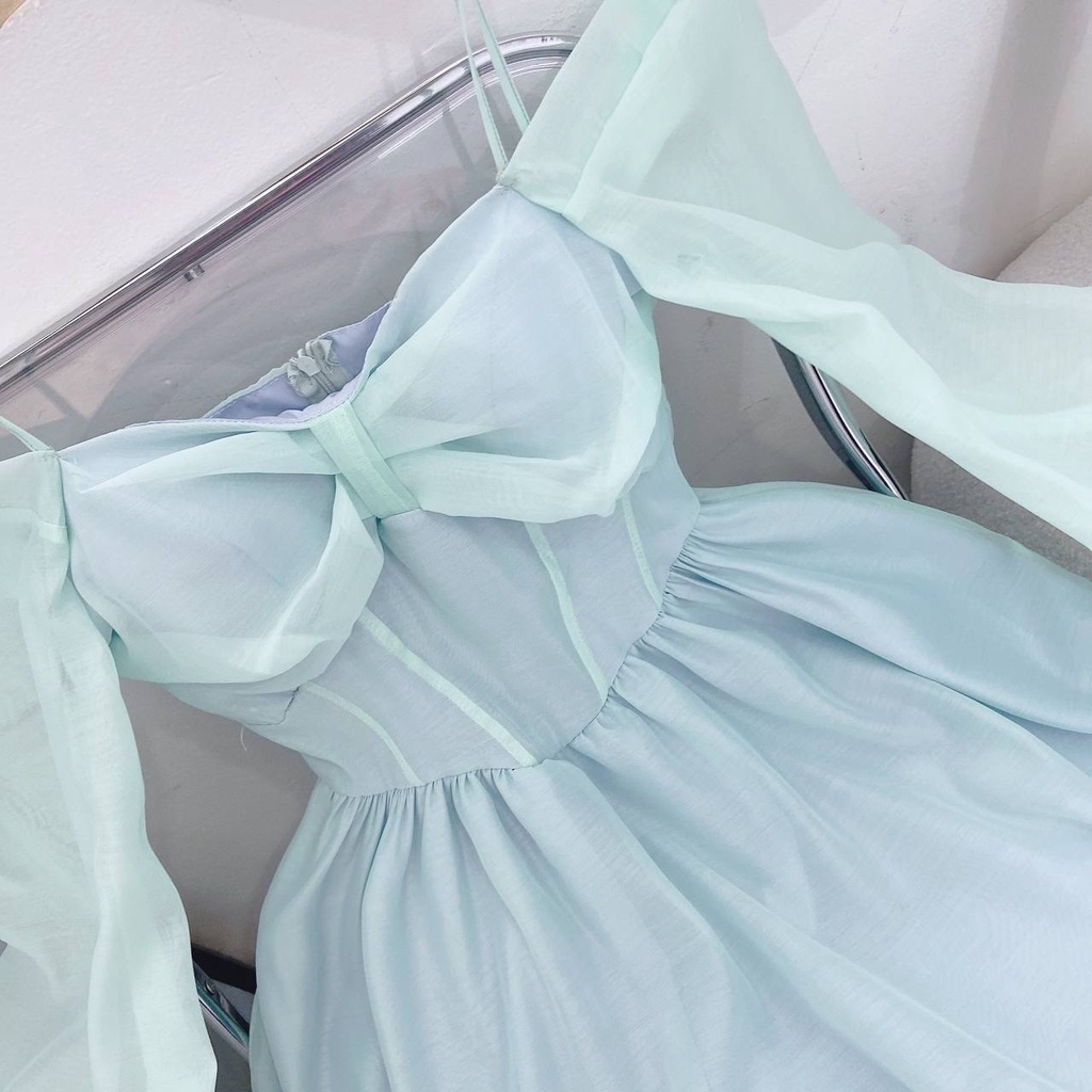 Đầm 2 dây trễ vai nơ ngực xinh xắn