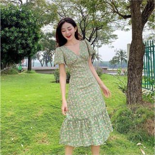 Đầm hoa nữ cổ V đuôi cá tay phồng