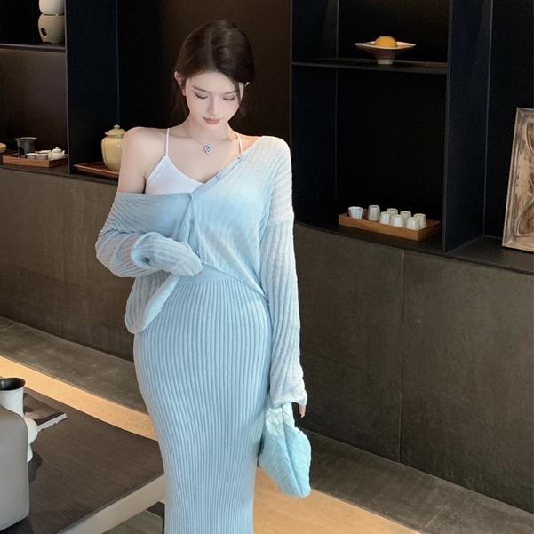 Bộ Áo Khoác Cardigan Dài Tay Chống Nắng Dáng Rộng + Chân Váy Eo Cao Thời Trang Mùa Thu Phong Cách Hàn Quốc Cho Nữ