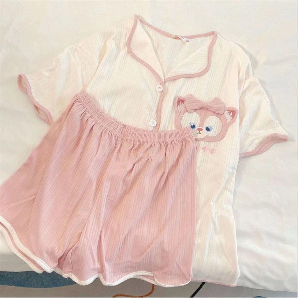 Bộ Đồ Ngủ Áo Cardigan Tay Ngắn Phối Quần Short Vải Cotton Kẻ Sọc Thêu Hình Cún Tai To Dễ Thương