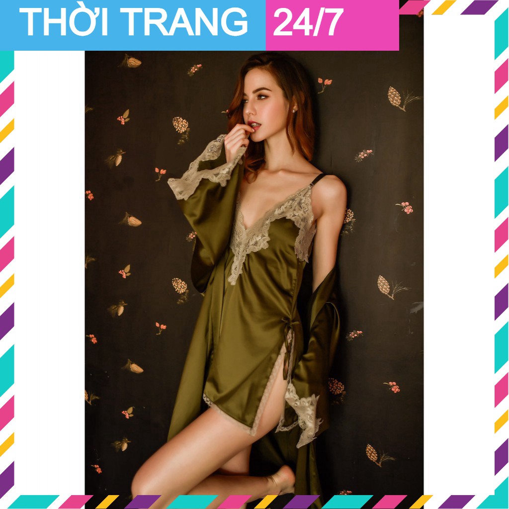 𝐑Ẻ Tết🌺 Váy Đầm Ngủ Sexy Lụa Phối Ren Xẻ Hông Gợi Cảm Màu Xanh Rêu- RD-JULIDAM272