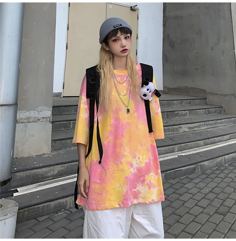 SUXI Áo Thun Tay Ngắn Phối Màu Nhuộm Độc Đáo Cá Tính Phong Cách Retro Hàn Quốc