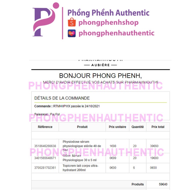 Nước muối sinh lý Physiodose Serum Physiologique 40*5ml - Bill nội địa Pháp - Phồng Phềnh Authentic
