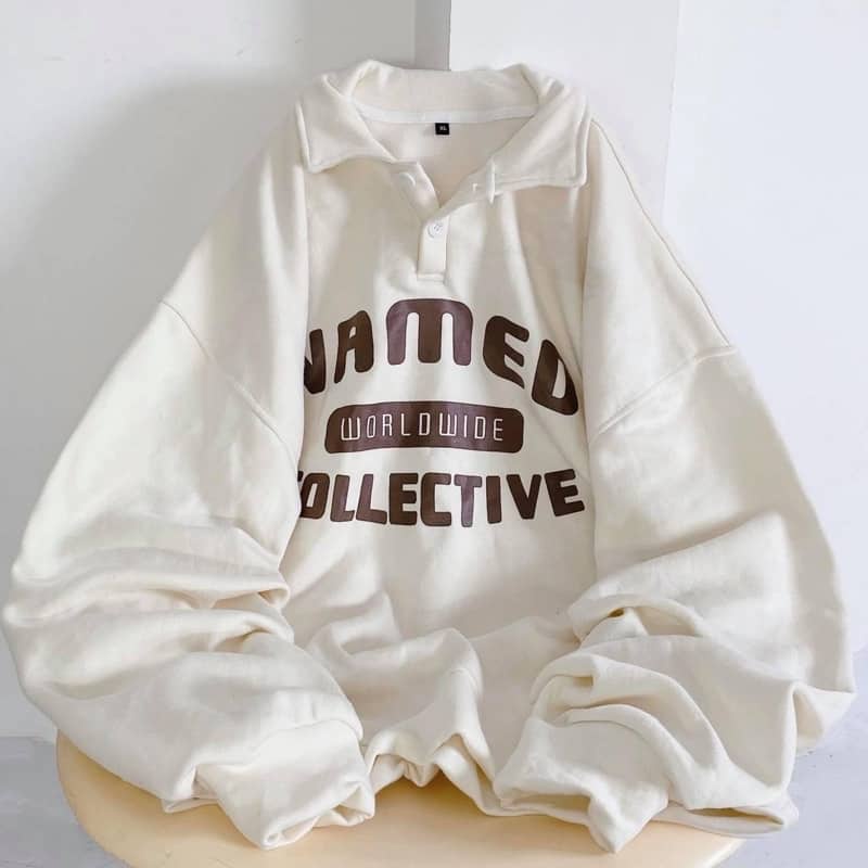 Sweater cổ polo NAMED màu KEM form rộng/Nam nữ unisex