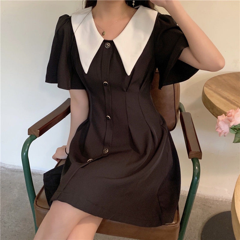 Váy Babydoll Bigsize Cổ Búp Bê Xuông Màu Đen Phong Cách Pháp Trang Xinh Xắn Váy Nữ