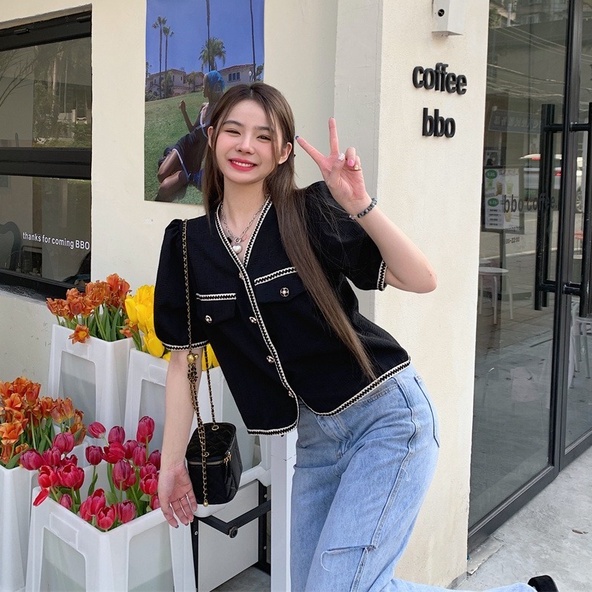 Áo dệt kim ZHELIHANGFEI tay ngắn cổ chữ V thời trang xinh xắn cho nữ