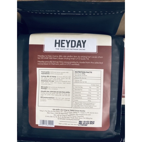 Bột Cacao Nguyên chất HEYDAY Balanced 500g tại Hà Nội