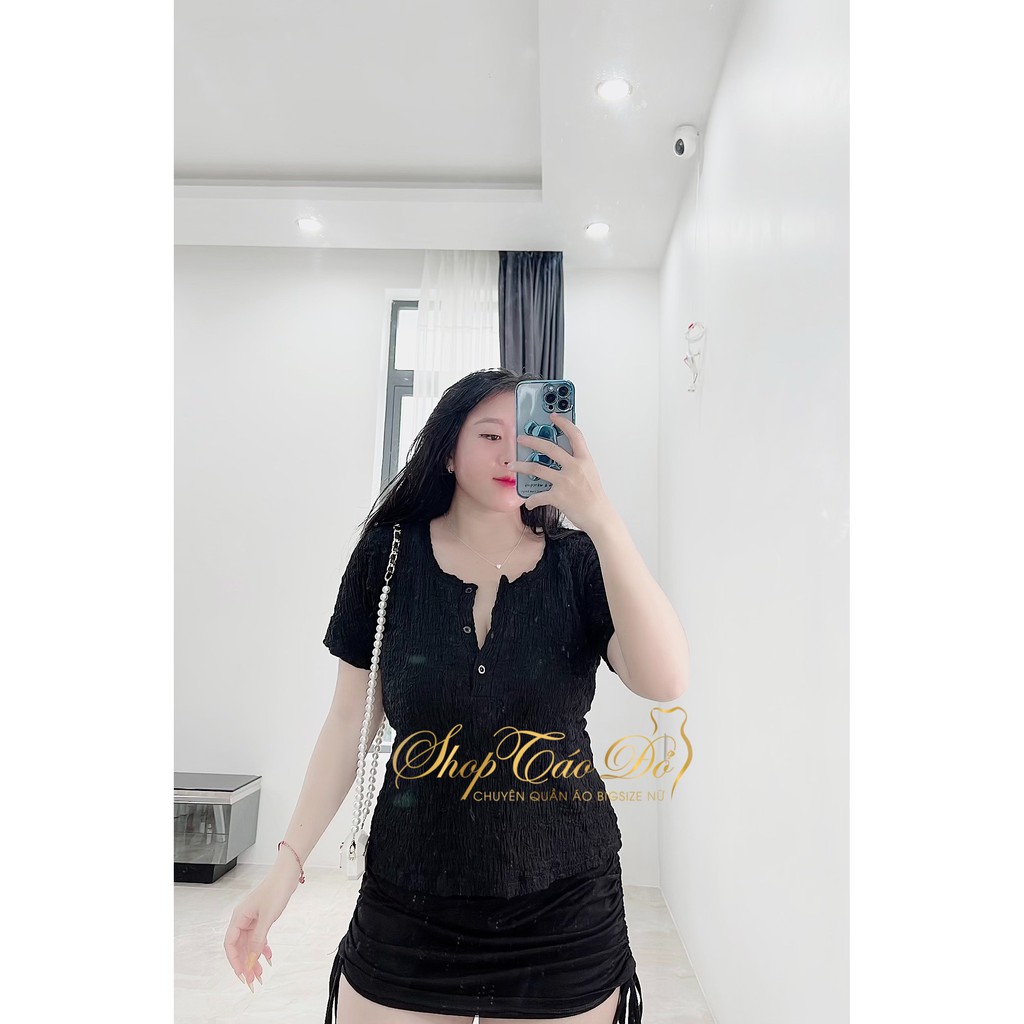(TÁO ĐỎ BIGSIZE 55-90KG) Áo kiểu thun xốp nhăn cúc ngực tôn dáng, Áo xốp ôm ngắn tay A22 ( ảnh thật shop chụp 100%) ❤️