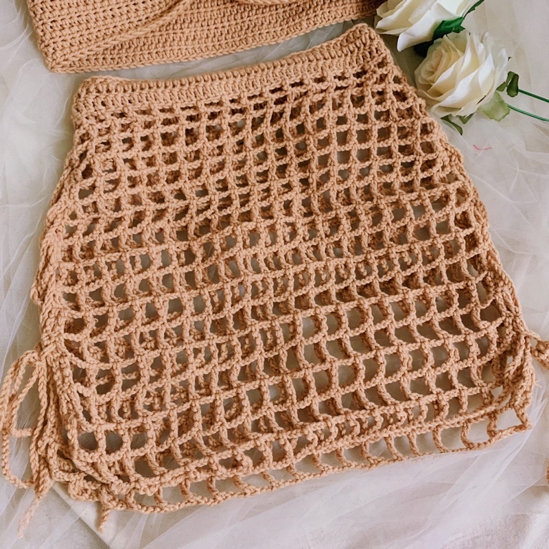Set Váy Lưới Crochet Bralette - Áo Croptop Len Móc - xanhlanhes