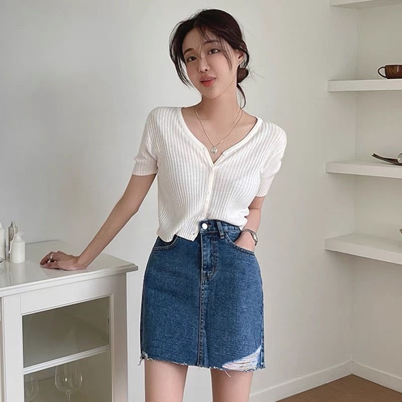 [60kg-90kg] Quần váy jeans BigSize co dãn mạnh phom A nhẹ, lưng cao trên rốn, có quần trong, màu xanh đậm rách kiểu 4290