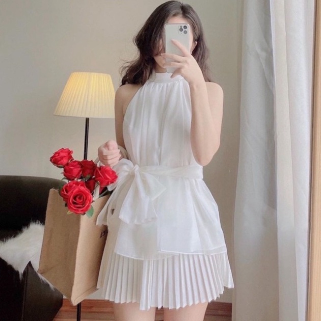 Áo kiểu nữ cổ yếm 2 lớp- Áo hở vai phối dây bản to_013 ulzzang babydoll bánh bèo nội y xanh
