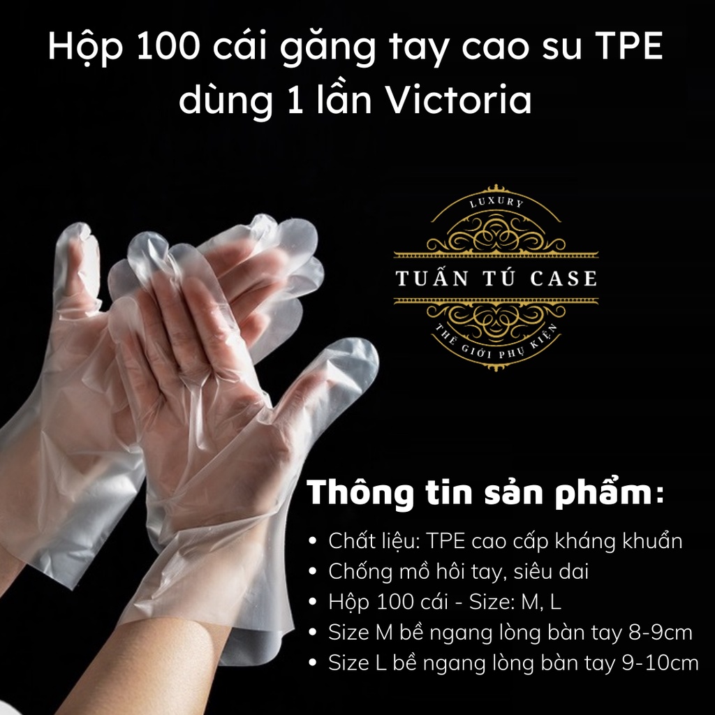 Hộp 100 găng tay Victoria Bay chất liệu TPE, Bao tay cao su rửa bát làm bếp vệ sinh siêu dai không mùi - Tuấn Tú Case