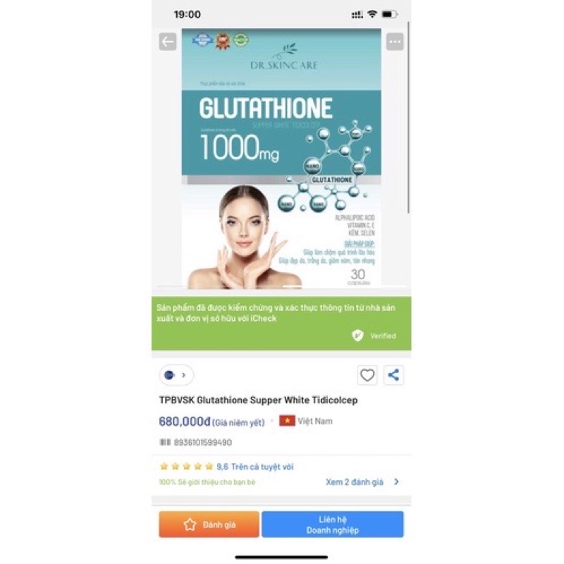 Viên uống trắng da Glutathione 1000mg mịn da cam kết hiệu quả sau 1 tháng