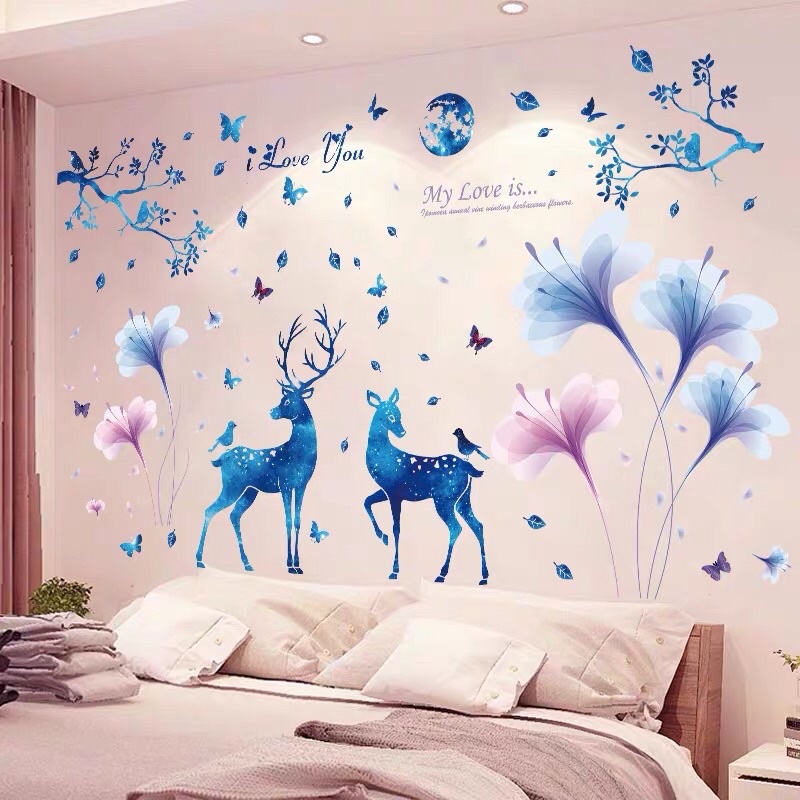 Tranh dán tường, Decal dán tường hoa pha lê tím và hươu xanh.