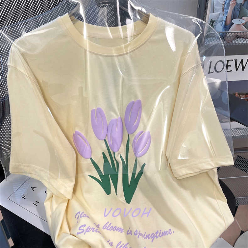 Áo Thun Cotton Dáng Rộng Tay Ngắn In Hình Hoa Tulip Vàng Thời Trang Mùa Hè Cho Nữ