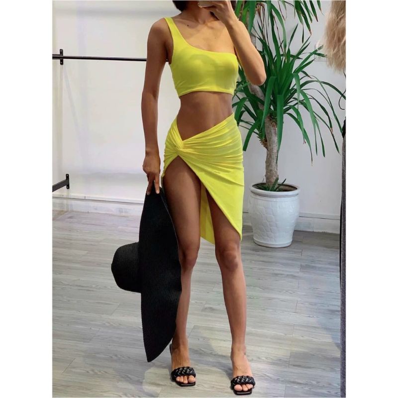 Bikini nữ đồ bơi bộ bơi đi biển set 3 món áo lệch vai váy xoắn dài qua gối  EVA S3MVX