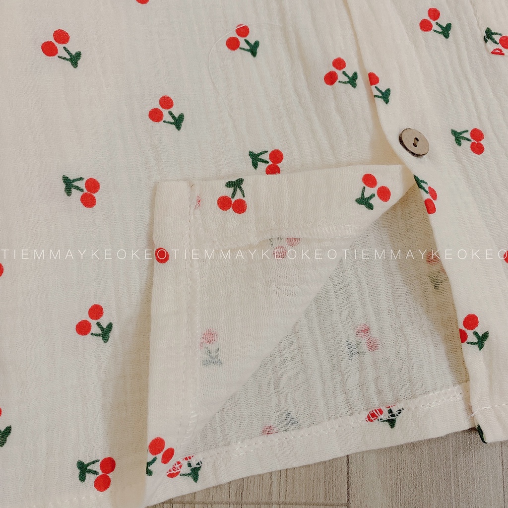 Bộ dài tay hoạ tiết cherry Tiemmaykeokeo vải xô mulin mềm mại cao cấp cho bé gái nhiều mẫu vải đẹp hàng may đo kĩ loại 1