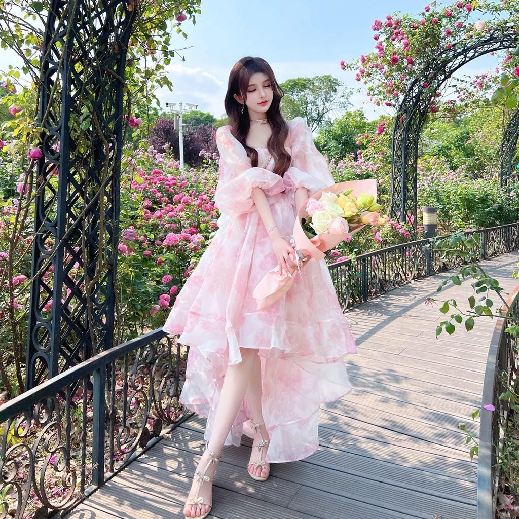 Đầm Hoa Tay Phồng Cổ Vuông Thời Trang Mùa Hè Pháp Cho Nữ