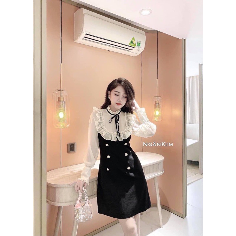 [Mã SKAMA06 giảm 8% tối đa 50K đơn 250K] Váy cổ nơ viền bèo đính khuy(6khuy) | BigBuy360 - bigbuy360.vn
