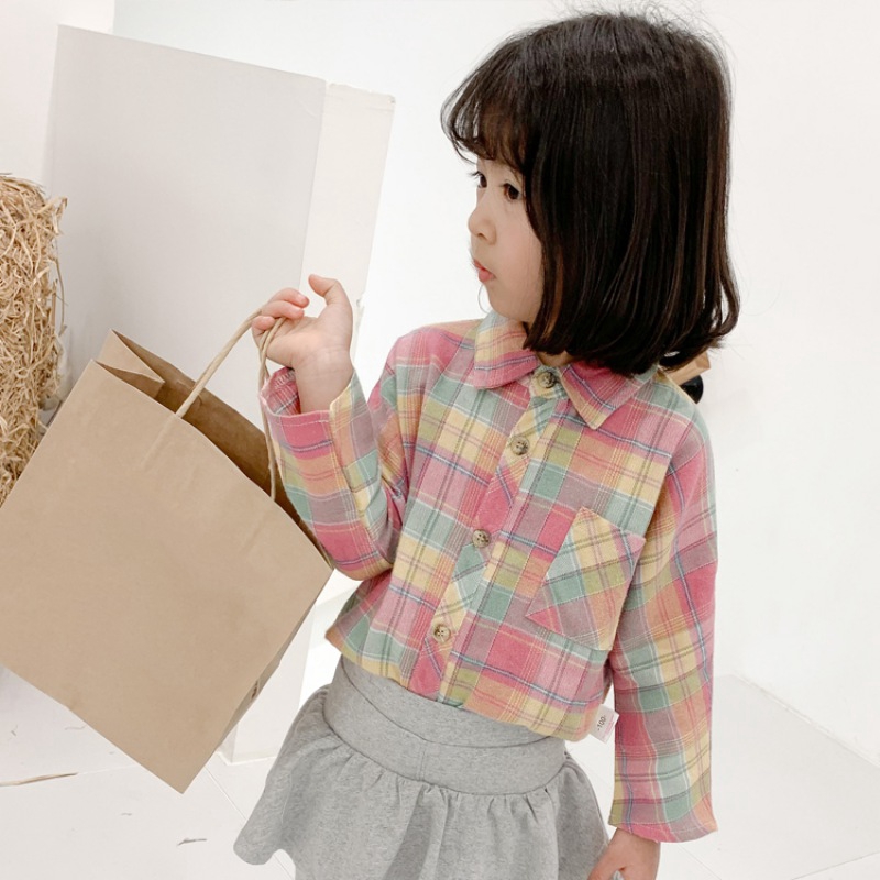 Áo sơ mi kẻ ô dài tay màu cầu vồng dễ thương cho bé gái