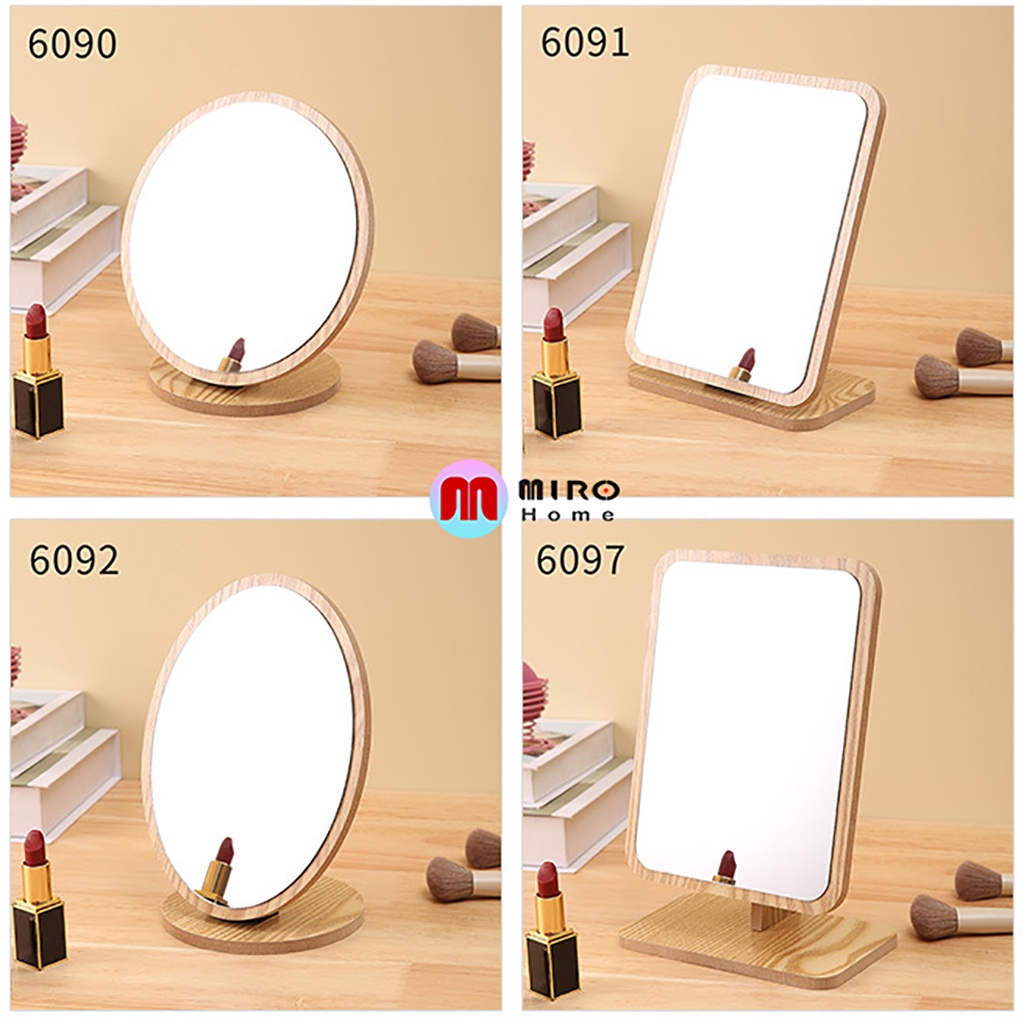 Gương trang điểm để bàn bằng gỗ chữ nhật, hình bầu dục xoay 360 độ size lớn, gương soi phong cách châu âu MIROHOME