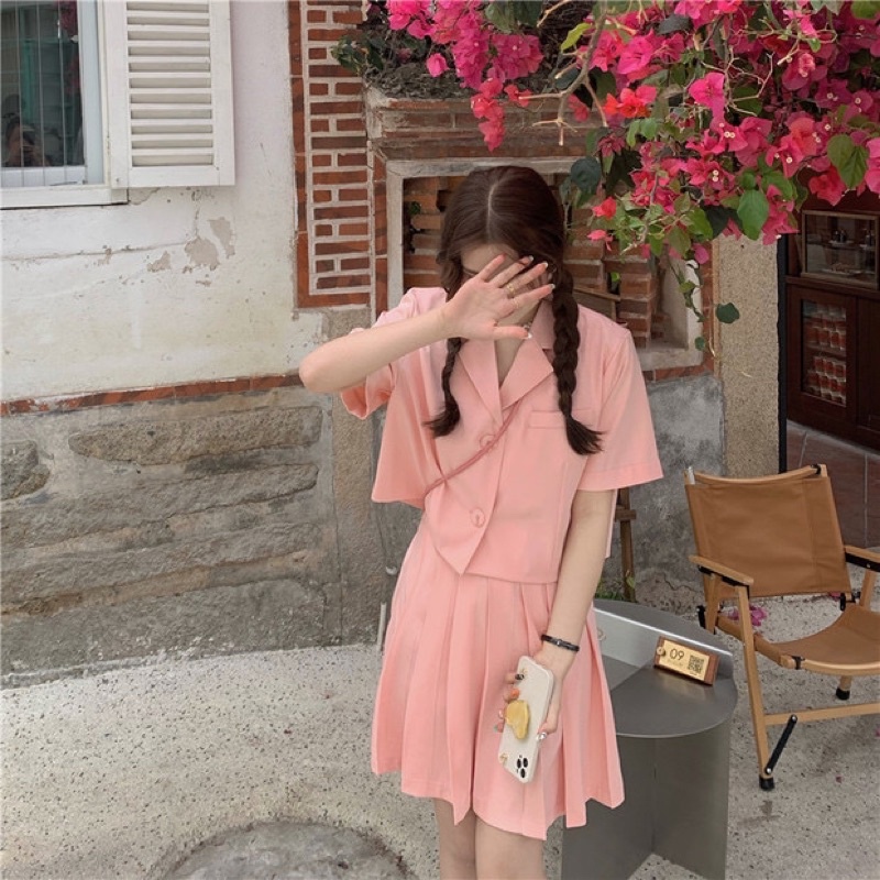 Set đồ Áo Vest Blazer + Chân váy ngắn xếp ly Màu Be Áo Vest Blazer 2 cúc ngắn tay form rộng Ulzzang Thời trang | BigBuy360 - bigbuy360.vn