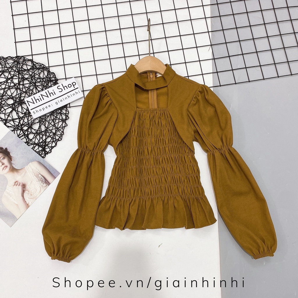 Áo kiểu tay bồng chun thân hở ngực, Áo chun eo dài tay cổ vuông AK1438 - NhiNhi Shop