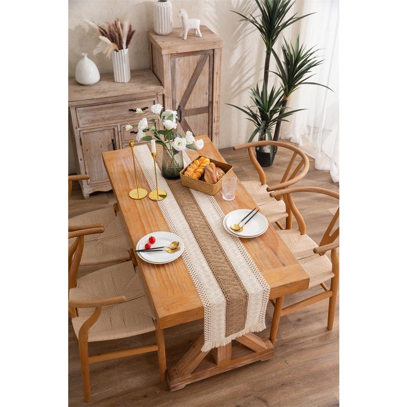 Khăn trải bàn runner dệt kim phối kem nâu viền ren vải len sang trọng trang trí bàn ăn table cloth nhà xinh decor