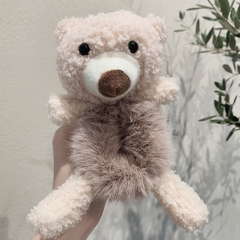 Dây buộc tóc đàn hồi phối vải lông thiết kế gấu hoạt hình đáng yêu