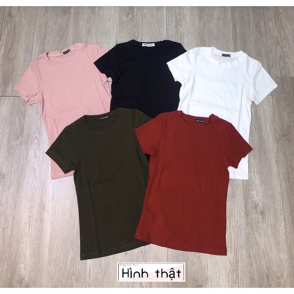 Áo thun nữ cổ tròn  Basic tay ngắn JOY BABE  vải xịn mặc cực êm Forever 21, kiểu trơn ôm trắng đen tối giãn ATON 1 -3D