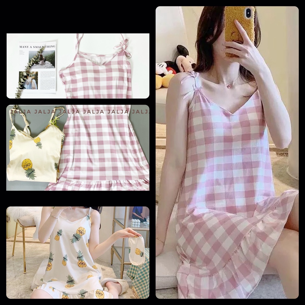 Váy ngủ hai dây nữ đầm ngủ thun cotton mềm mịn mặc nhà có đệm ngực đuôi cá xếp ly họa tiết dễ thương JALJA Vay06