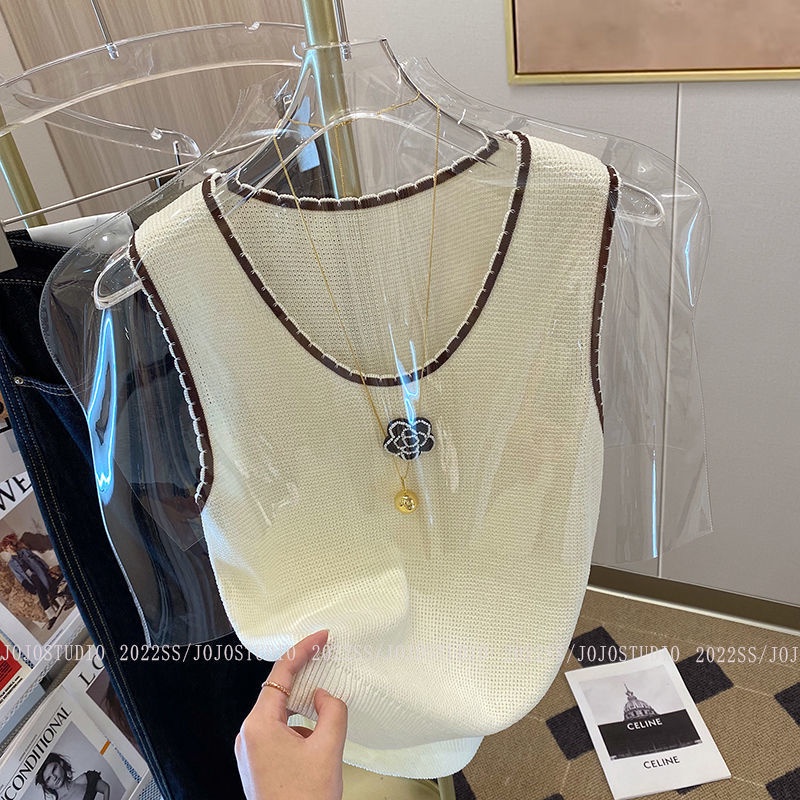 Áo Thun Dệt Kim Không Tay In Hình Hoa Trà Sang Trọng Độc Đáo Thời Trang Mùa Hè Mới Cho Nữ