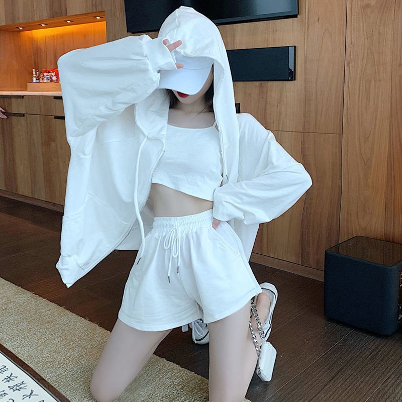 Mùa hè phong cách mới lưới màu đỏ trắng bộ đồ thể thao nữ áo khoác + vest quần short thời trang giản dị Hương vị