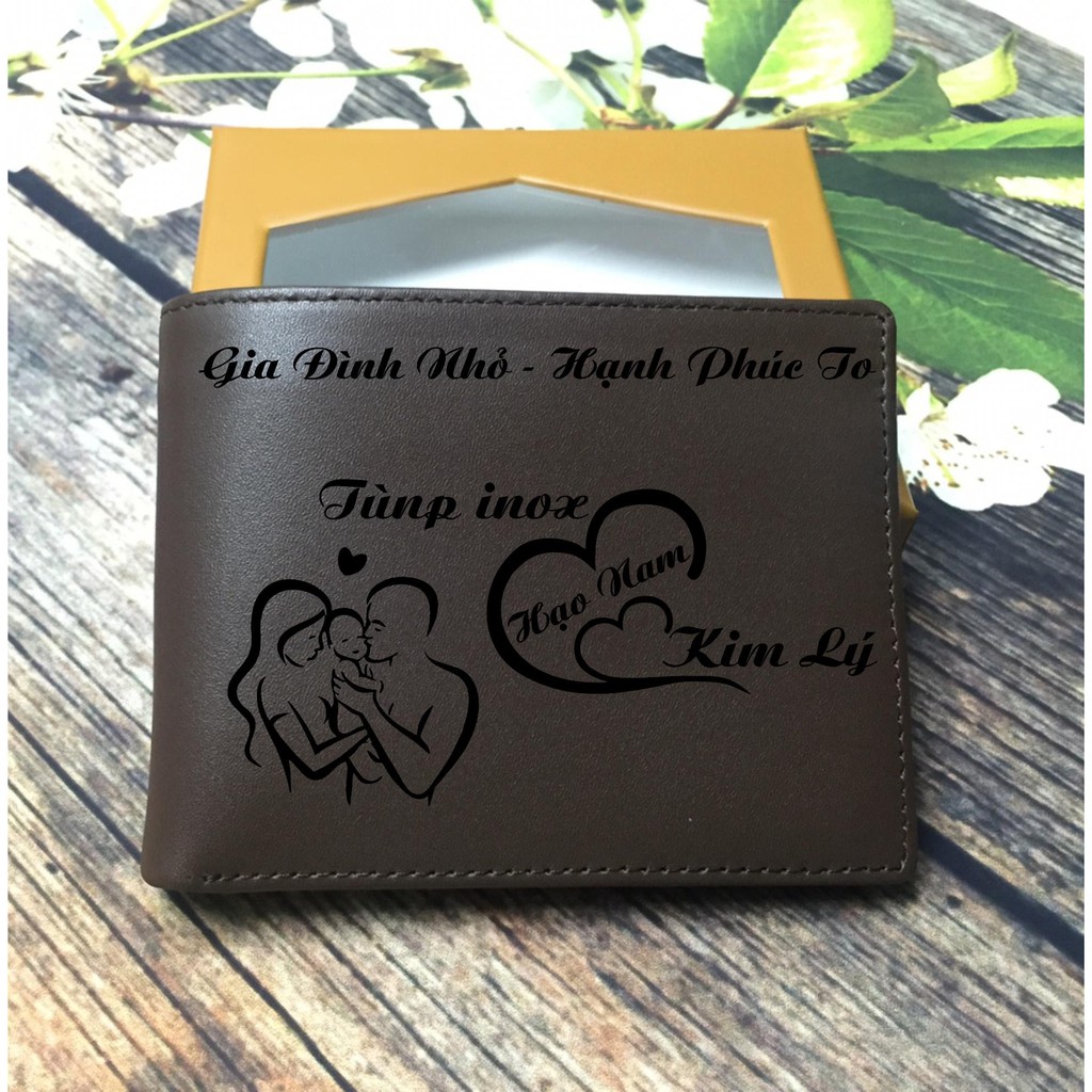 Ví Da Bò Khắc Theo Yêu Cầu . Ví Da Bò Khắc Chữ, Khắc Tên, Biểu Tượng Yêu Thương