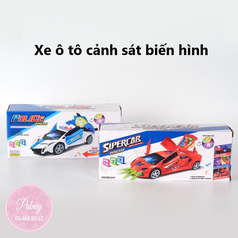 Đồ chơi máy bay, xe ô tô cảnh sát biến hình, xoay 360, có đèn, có nhạc loại xịn