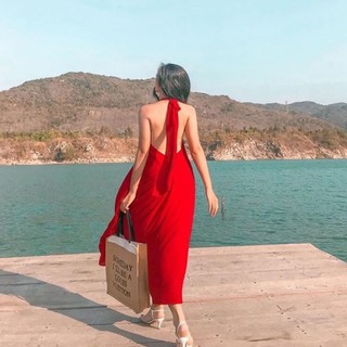 HOT!!! 💕[Ong-Ong store]💕 Váy maxi cổ yếm hở lưng hai lớp chất lụa Hàn