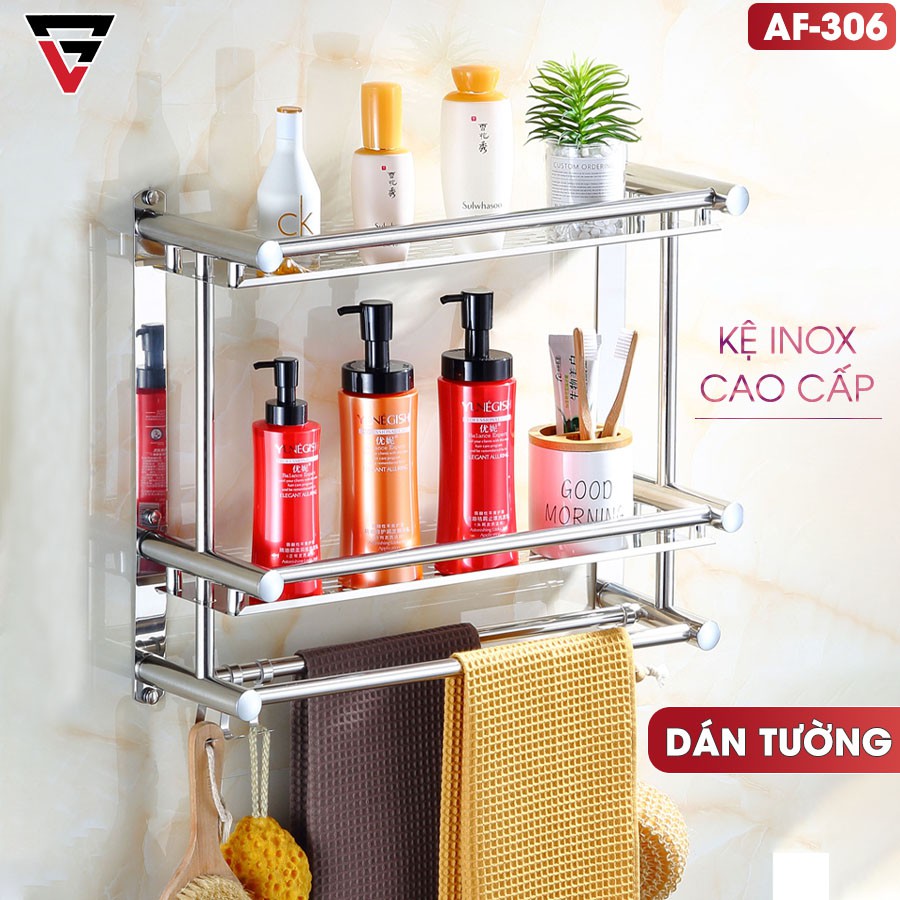 Kệ dán tường đa năng cho phòng tắm INOX cao cấp, kèm thanh treo khăn &amp; móc treo đồ