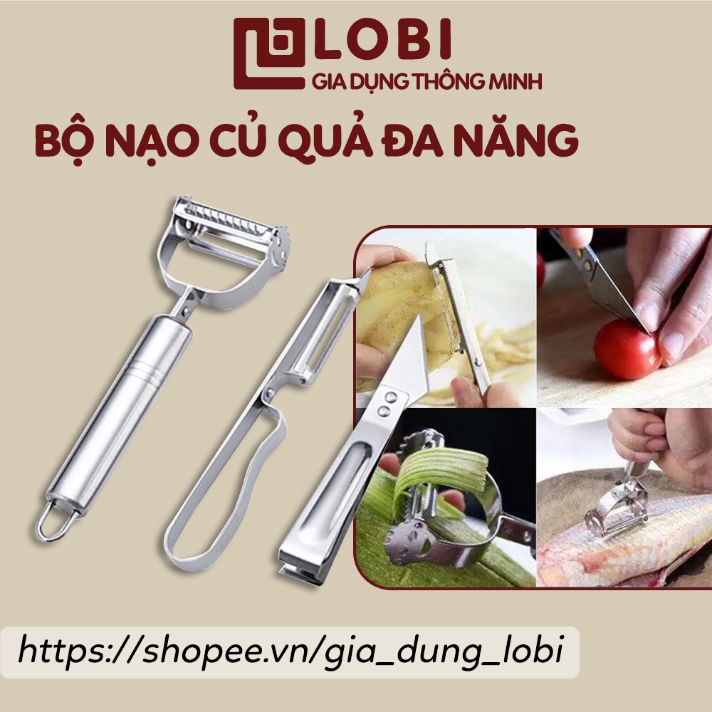 Bộ nạo củ quả đa năng 3 chi tiết bằng inox nạo vỏ bào sợi