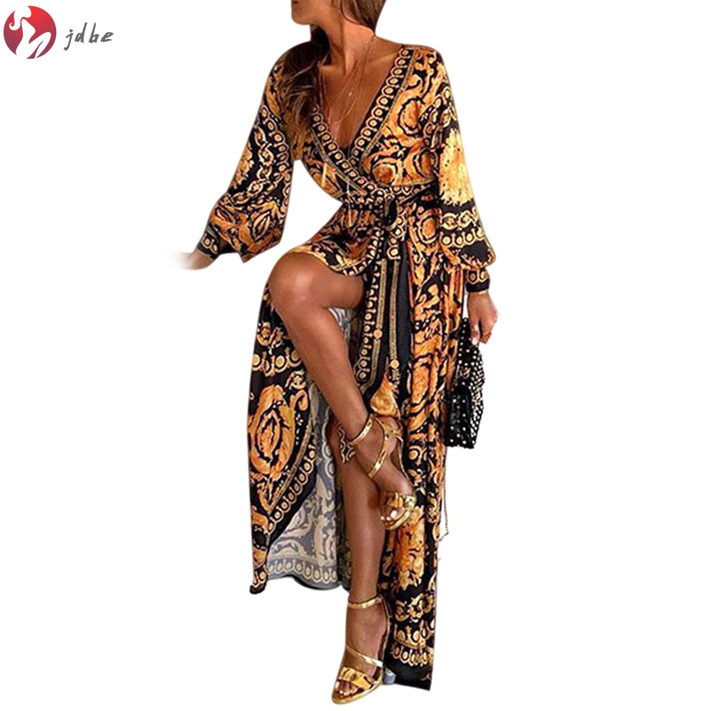 Đầm Maxi Dài Cổ Chữ V In Họa Tiết Phong Cách Boho Thời Trang Mùa Hè Cho Nữ