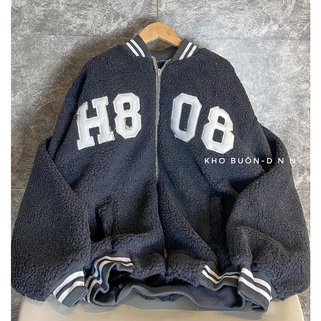 Áo khoác nỉ lông cừu trần bông H8-08 phom rộng Nam Nữ-thời trang unisex