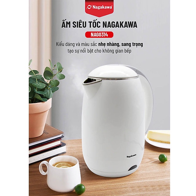 [Mã 254ELSALE giảm 7% đơn 300K] Ấm Đun Siêu Tốc 2 Lớp Nagakawa NAG0314 (1.8 Lít) - Hộp xấu