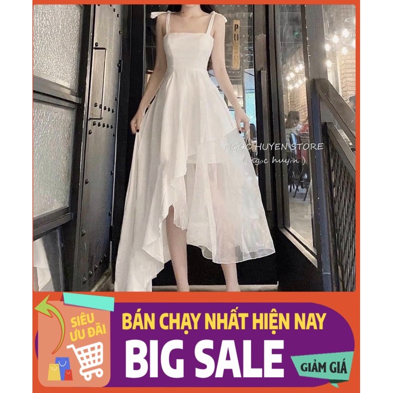 [MẪU HOT] Đầm xòe chéo tà vạt xéo hai dây cột nơ vai form dài - Hadi Dress