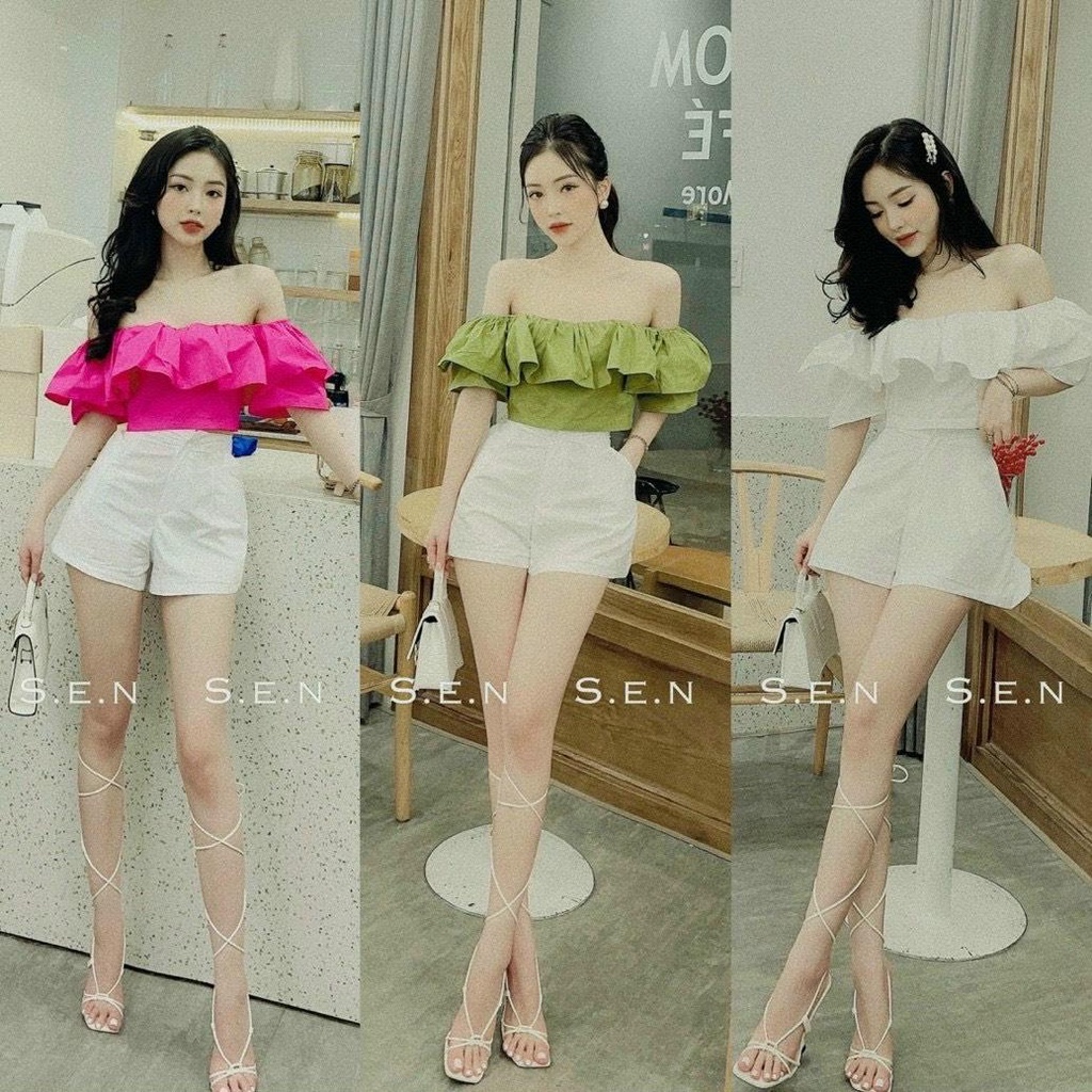 Áo Trễ Vai Croptop Ngắn Tay Phồng PINKSTORE29, Phong Cách Bánh Bèo A5376