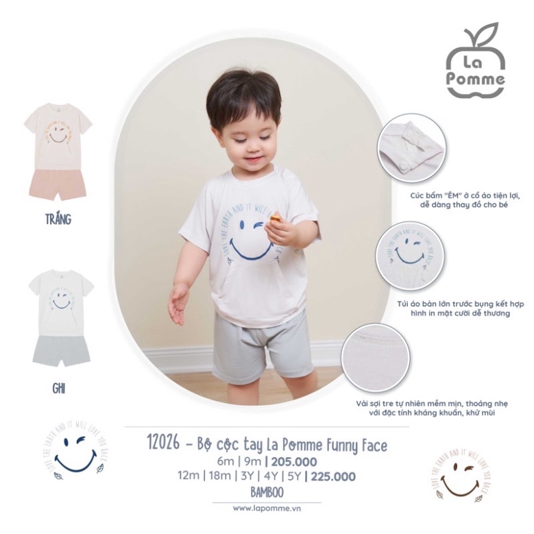 Bộ cộc tay La Pomme funny face cho bé kích cỡ 6M-5Y