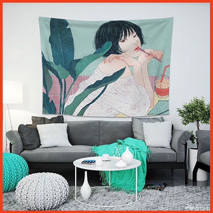 Thảm treo tường bằng vải họa tiết cô gái có tặng kèm móc treo tường trang trí phòng, decor nhà cửa