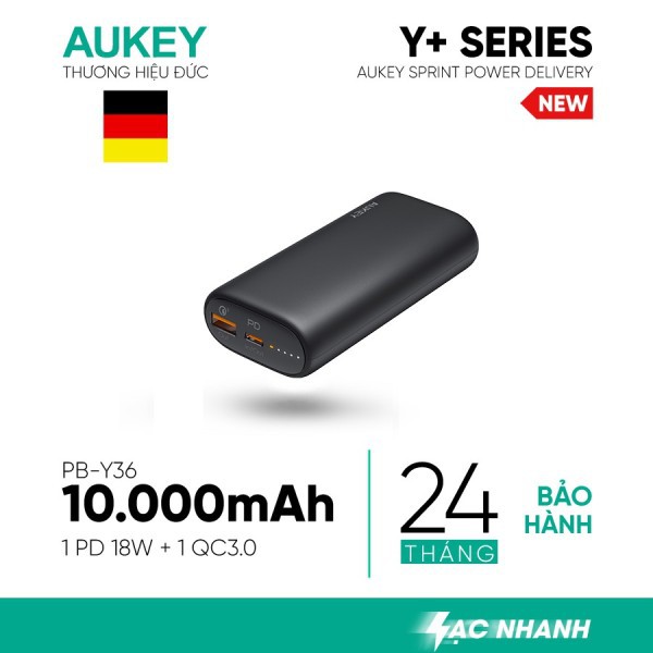 Sạc dự phòng siêu nhanh cho iPhone Aukey PB-Y36 10.000 mAh, Lõi Tesla Bền X7 Lần, Sạc Nhanh 18W