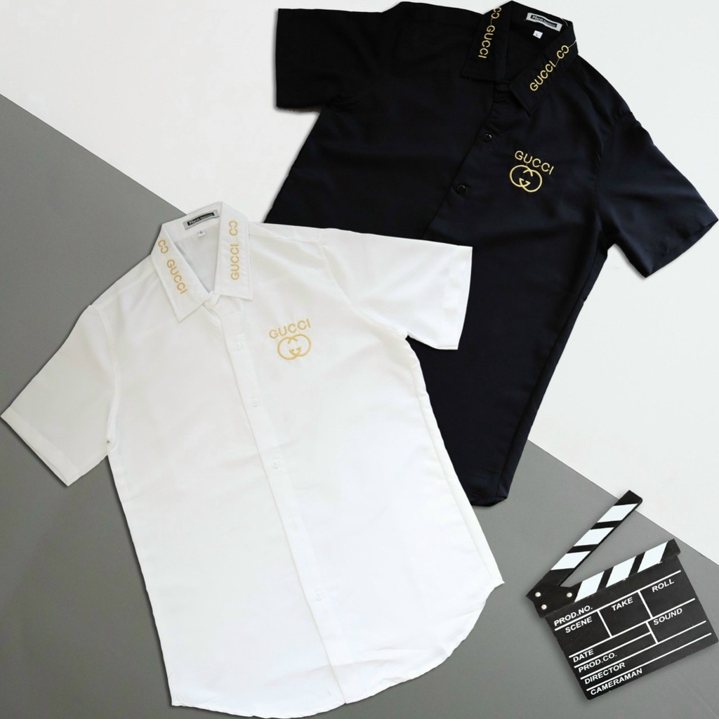 Áo Sơ Mi Ngắn Tay Gucci Logo Thêu Cao Cấp - Form Slim Fit Dễ Mặc, Dễ Phối Đồ - Vải Tơ Lụa Mềm Mịn, Co Dãn, Thoáng Mát