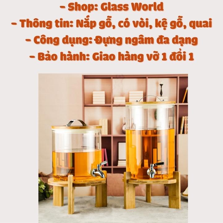 Bình thủy tinh 5-8-11L có vòi kệ gỗ lỗ thoát khí đo áp suất chịu nhiệt 💥RẺ VÔ ĐỊCH💥