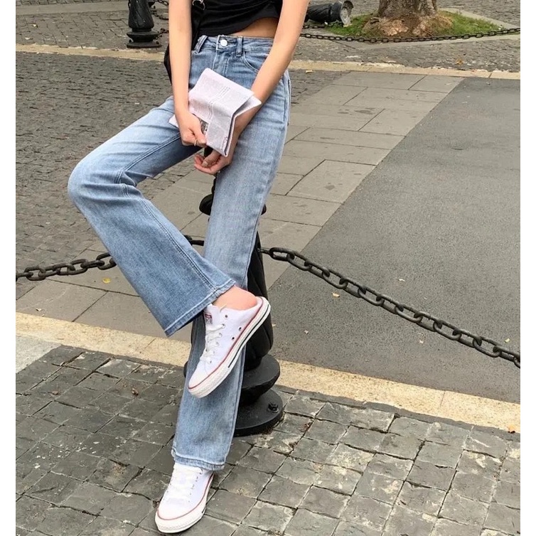 Quần Jeans Nữ Ống Loe Màu Xanh Nhạt Đậm Chất Co Dãn Có Túi Cạp Cao Cá Tính Sành Điệu Phong Cách Hàn Quốc Loại 1